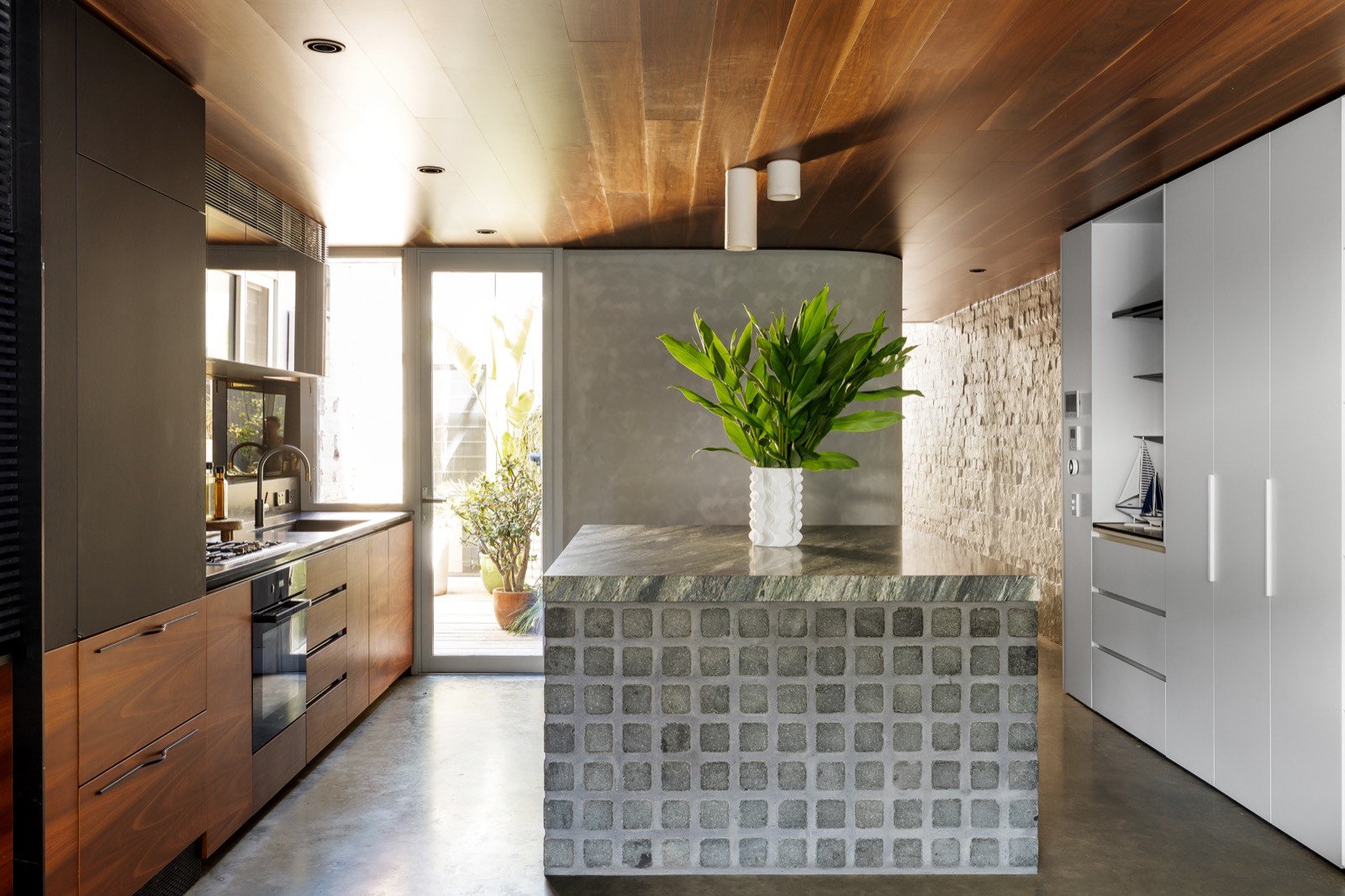 Kitchen with timber ceiling